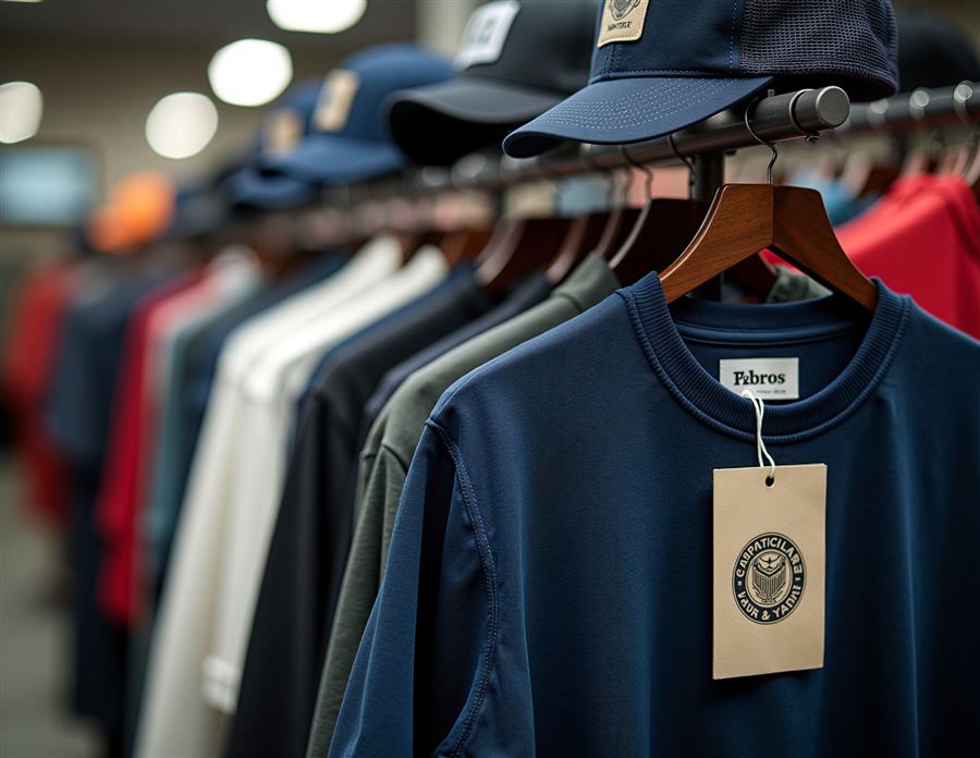 Close-up of branded t-shirts and caps hanging in a retail clothing store.